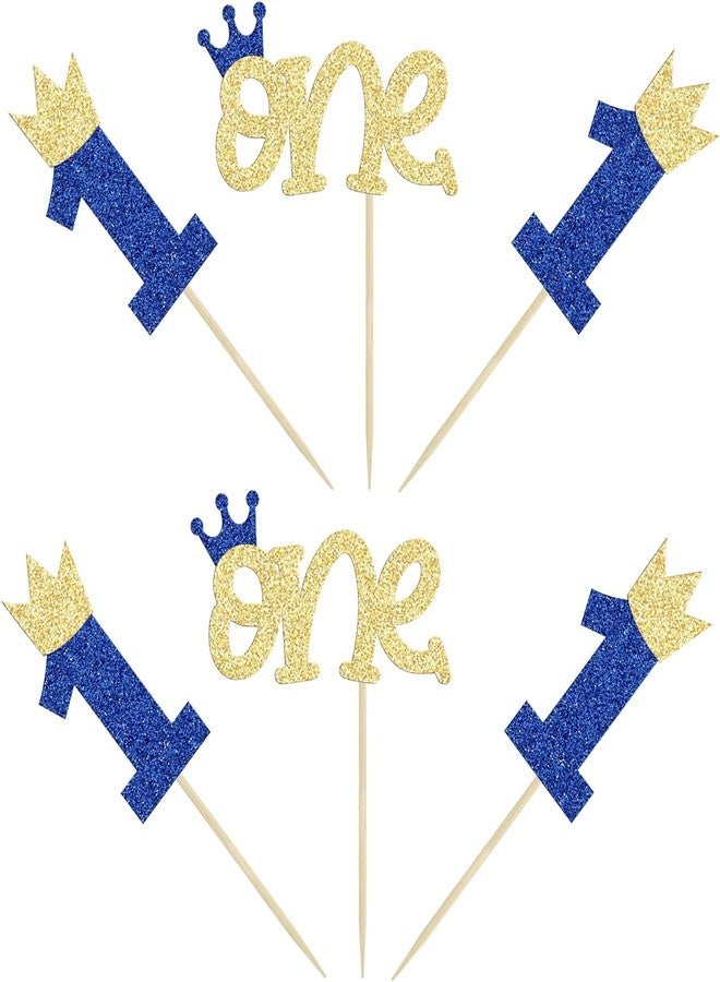 كونفيتي العنوان: 24 قطعة من زينة الكب كيك البراقة لعيد الميلاد الأول - تاج لامع لتزيين الكيك - مثالية لحفلات استقبال المولود الجديد واحتفالات عيد الميلاد الأول - أزرق وذهبي - Image 3